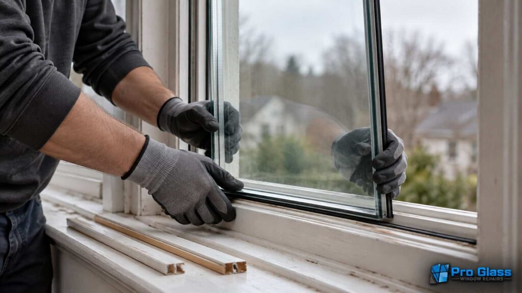 Technician fitting a replacement insulated glass unit into a window sash