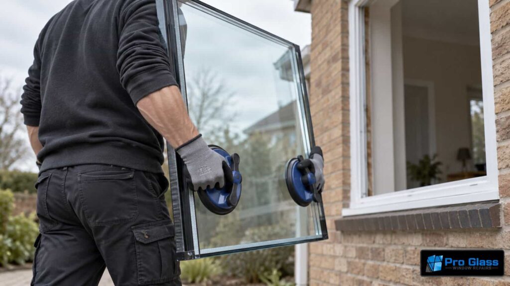 Technician carrying a replacement insulated glass unit with suction cup lifters