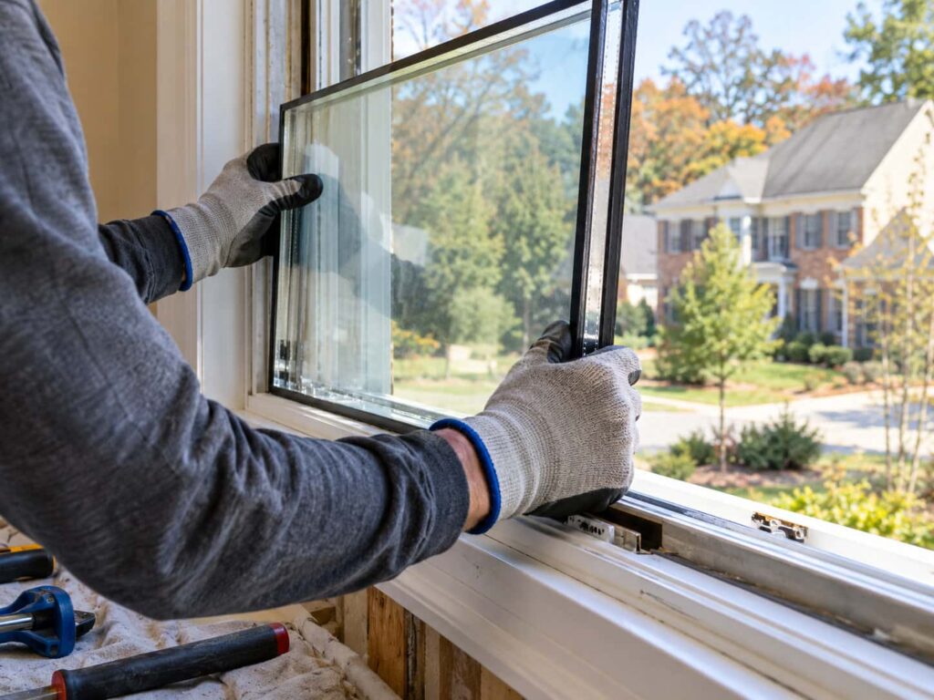 Close-up illustration of a technician carefully fitting replacement insulated glass into a residential window frame.