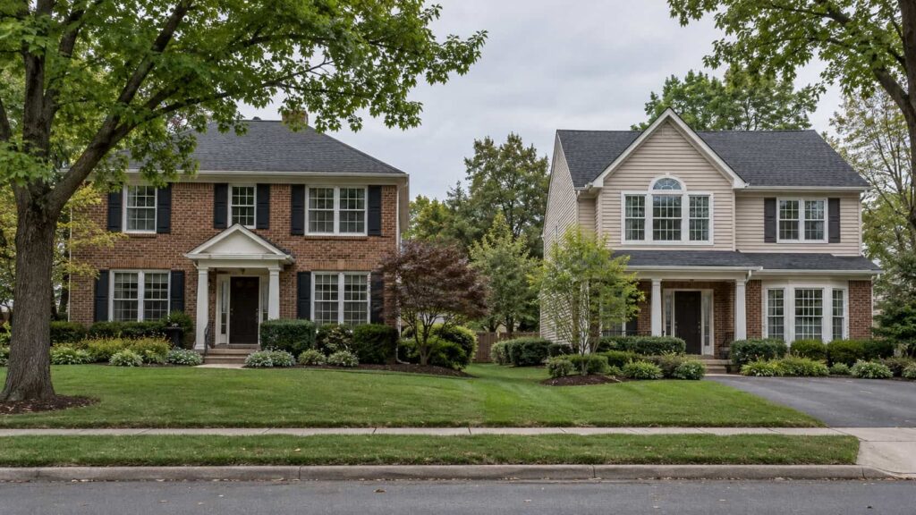 Detached homes with large front windows and mature trees at the frame edge