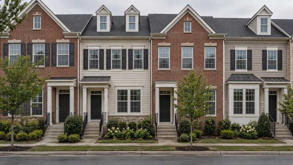 Row of townhouses with repeating window openings and front entries