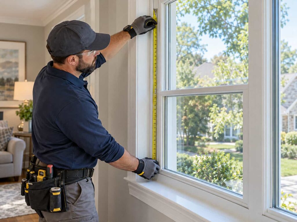 Professional glass technician measuring a residential window for replacement glass.