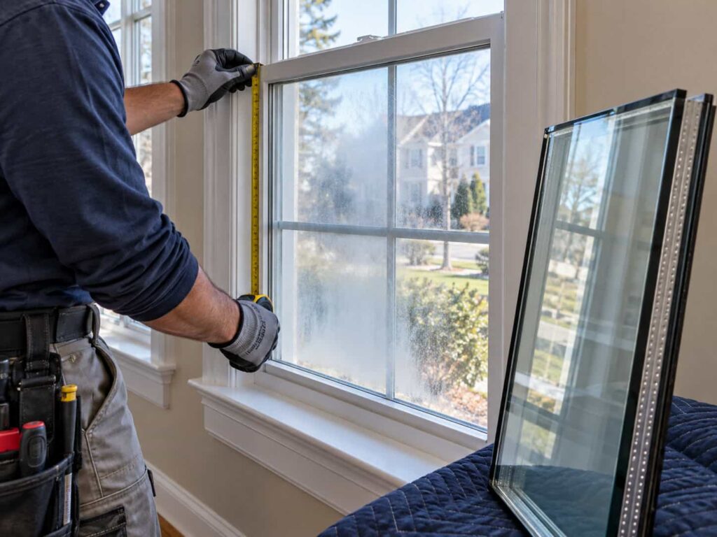 Glass technician measuring an insulated double-pane window for replacement in a residential home.