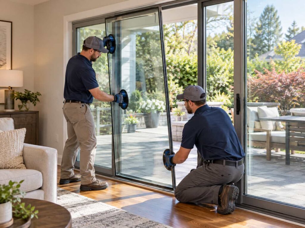 Glass technicians replacing a large sliding patio door glass panel in a suburban home.