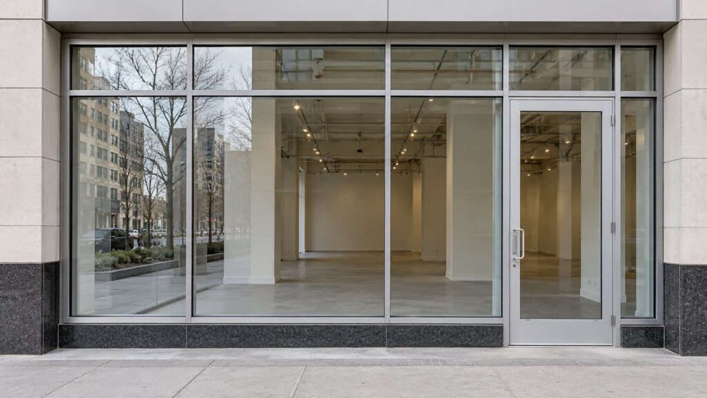 Aluminum-framed storefront with display glass, a glass entrance door and a transom above