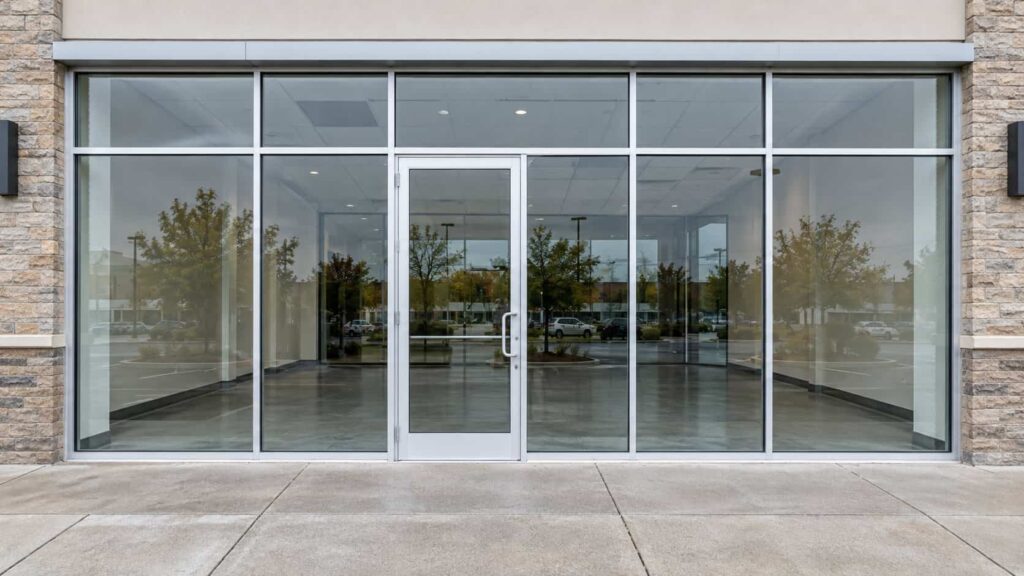 Aluminum-framed storefront with display glass and a glass entrance door