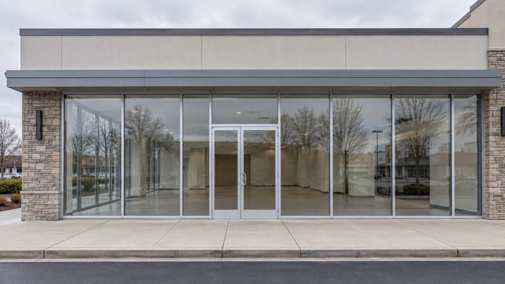 Aluminum-framed retail storefront with large display glass panels