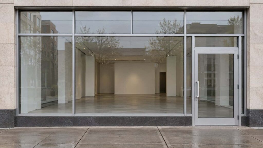 Aluminum-framed storefront with large glass display panels and a glass entrance door