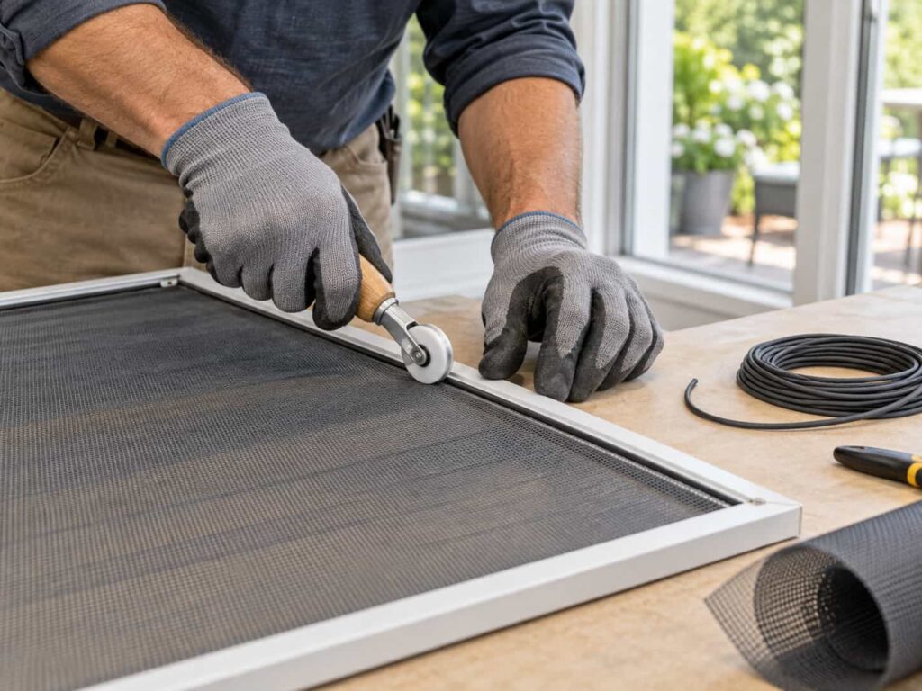 Technician repairing a residential window screen by installing new mesh into an aluminum screen frame.