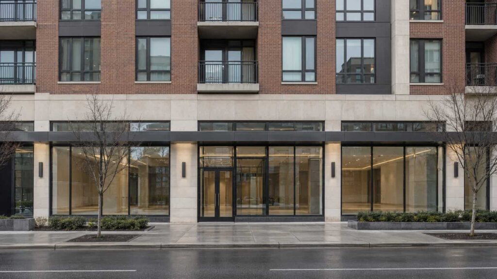 Mid-rise mixed-use building with ground-floor glass frontage and apartment windows above