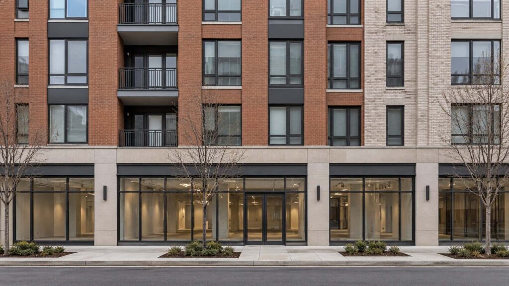 Mixed-use building with ground-floor glass frontage and apartment windows above