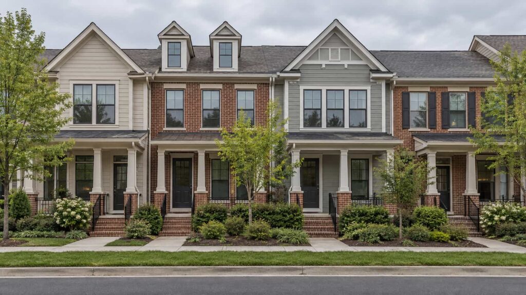 Row of townhouses with large double-pane windows and front porches