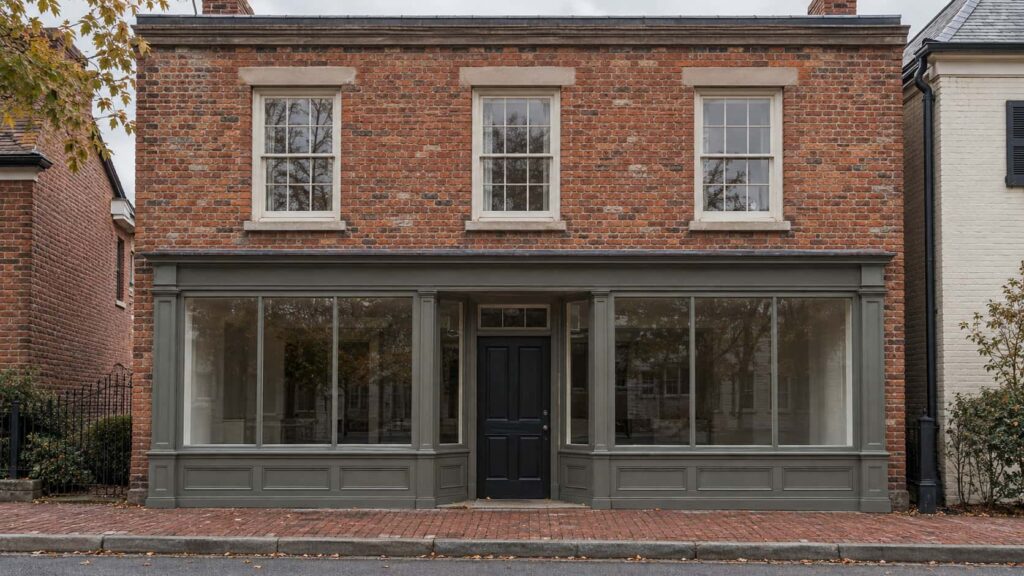 Older brick building with painted wood sash windows above a small retail storefront