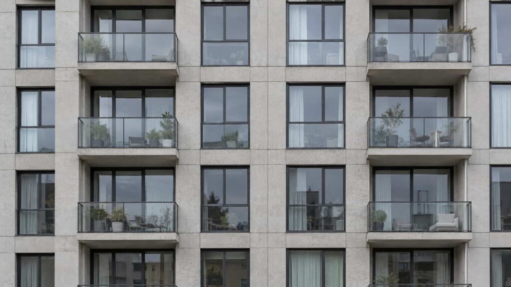 Newer apartment building facade with repeating windows and balcony doors