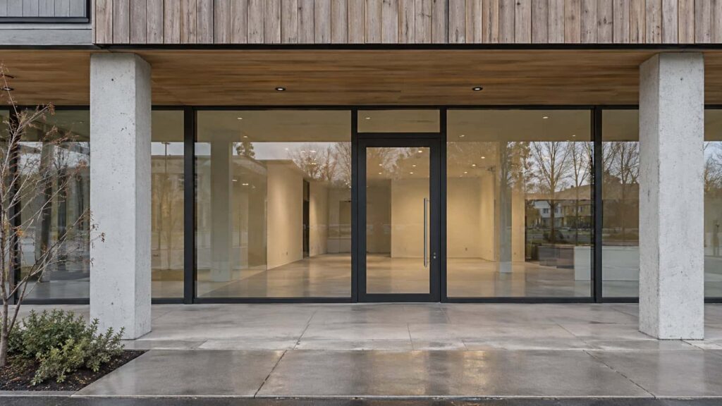 Low-rise neighbourhood retail frontage with glass panels and an entrance door