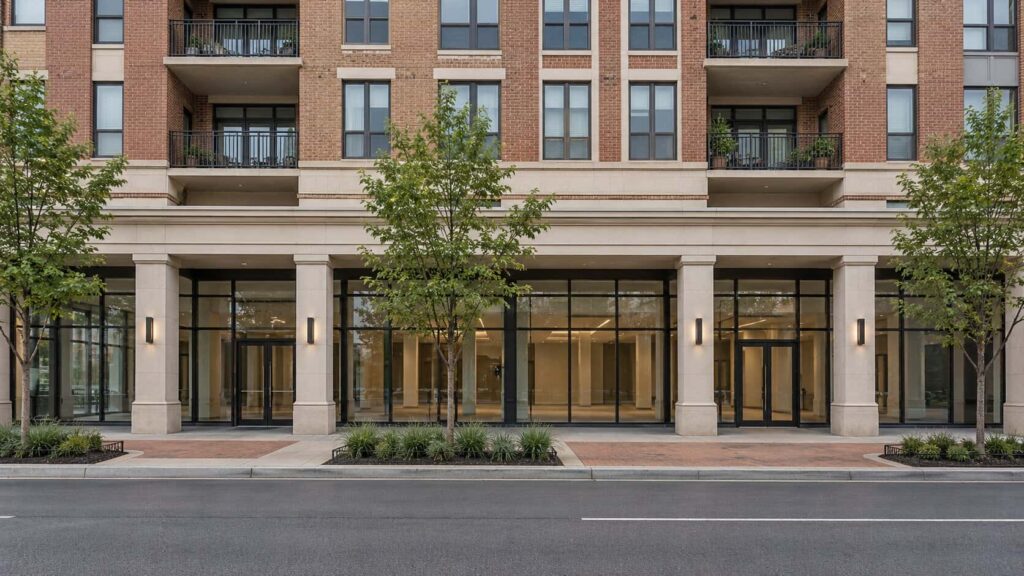 Mixed-use town centre building with ground-floor glass frontage and apartments above