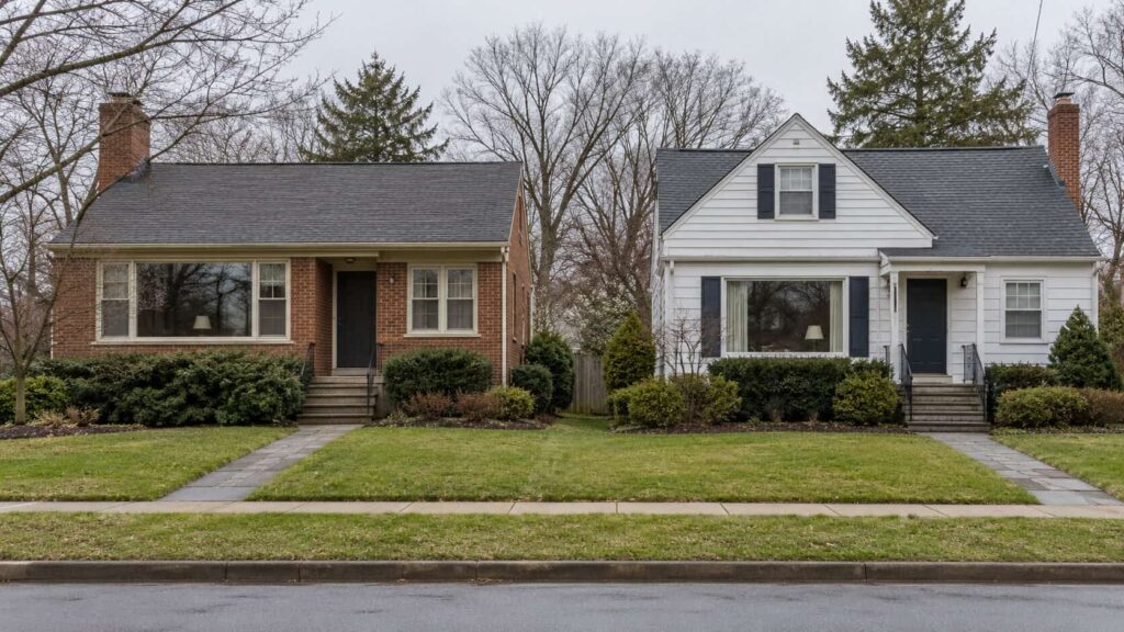 Detached brick and clapboard homes with large front windows on a residential street