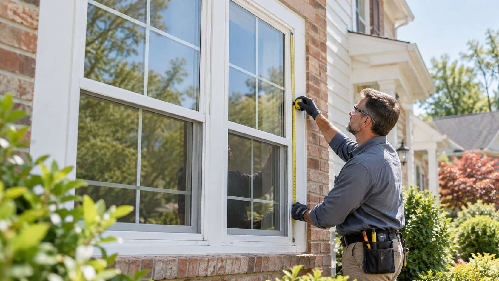 Clear double-pane residential window being inspected for glass replacement in a Northern Virginia home.
